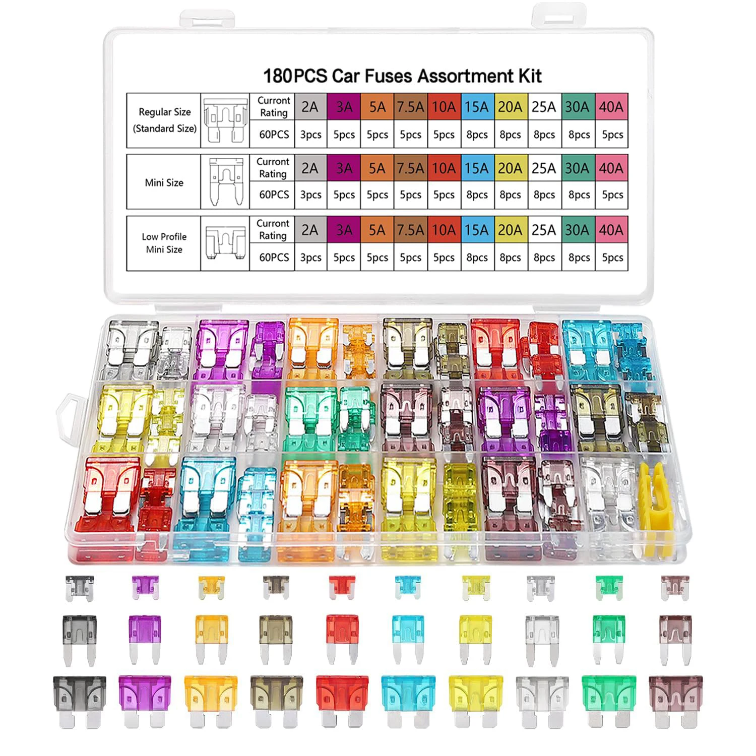 180Pcs Car Fuses Assorted Kit, 60 Mini Blade Car Fuse, 60 Standard Fuse Automotive, 60 Micro Fuse, Fuse Puller