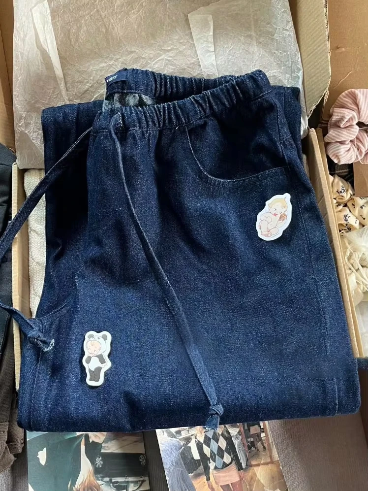 Vintage Drawstring Straight Jeans Women Summer Cotton Denim Long Pants Female Casual Streetwear All--match Deep Blue Trouser Y2K