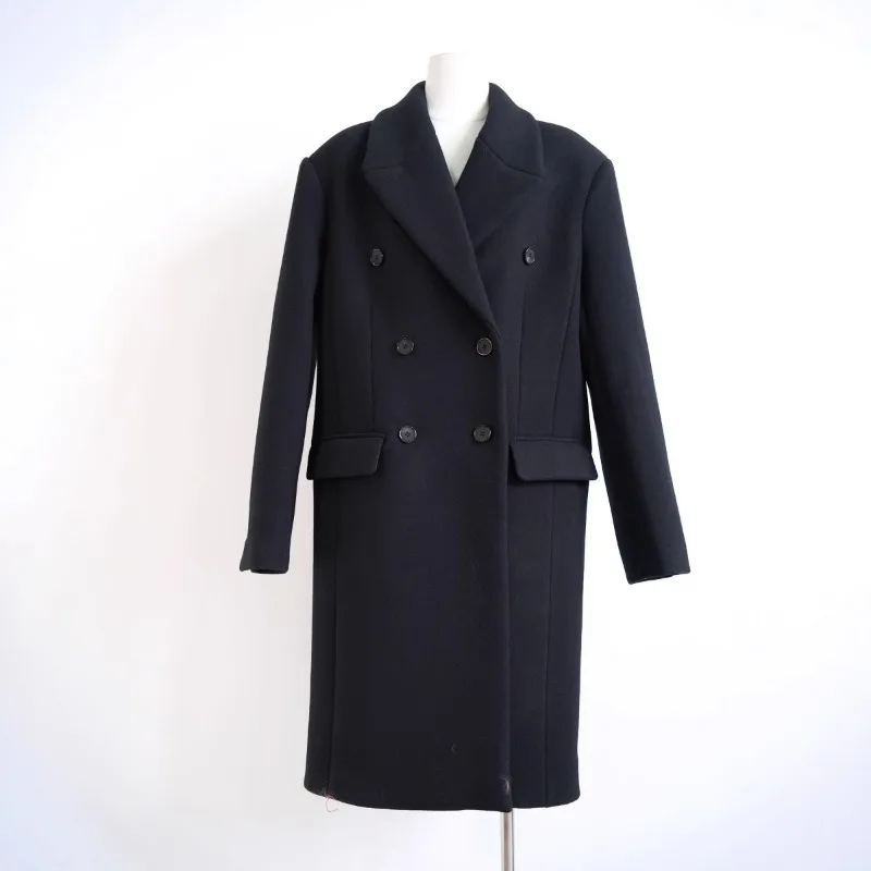 New Autumn and Winter Loose Silhouette Right Shoulder Suit Collar Mid-length Double-breasted Wool Coat for Women