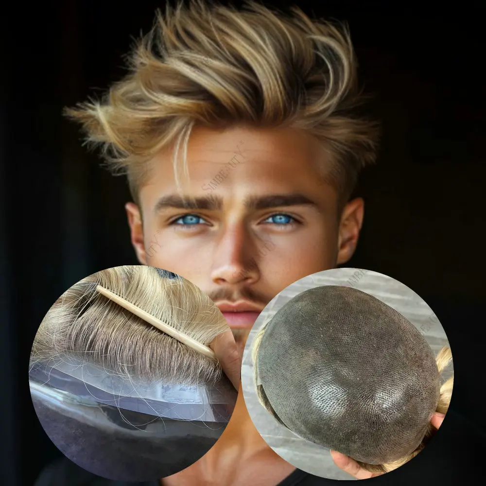 4T613 Ombre Blonde 0,06 mm dünne Haut V-Loop-Basis Natürlicher Haaransatz Herren-Toupet Grau Schwarz Echthaar-Perücken Herren-Haarsystem Haarprothese