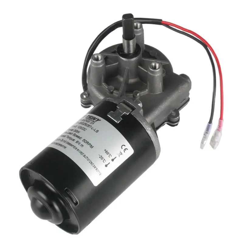 High Torque DC Worm Gear Reducer 30W 12V 24V Electric Reversible Metal Gear Motor 50RPM Right Angle Thread Double Flat Shaft