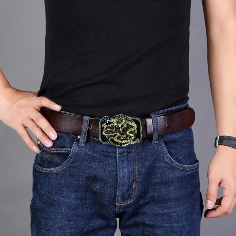 652B Chinese Relief Dragon Pattern Buckle Belt Replacing Components Western Heavy Rock Belt Buckle for Adult