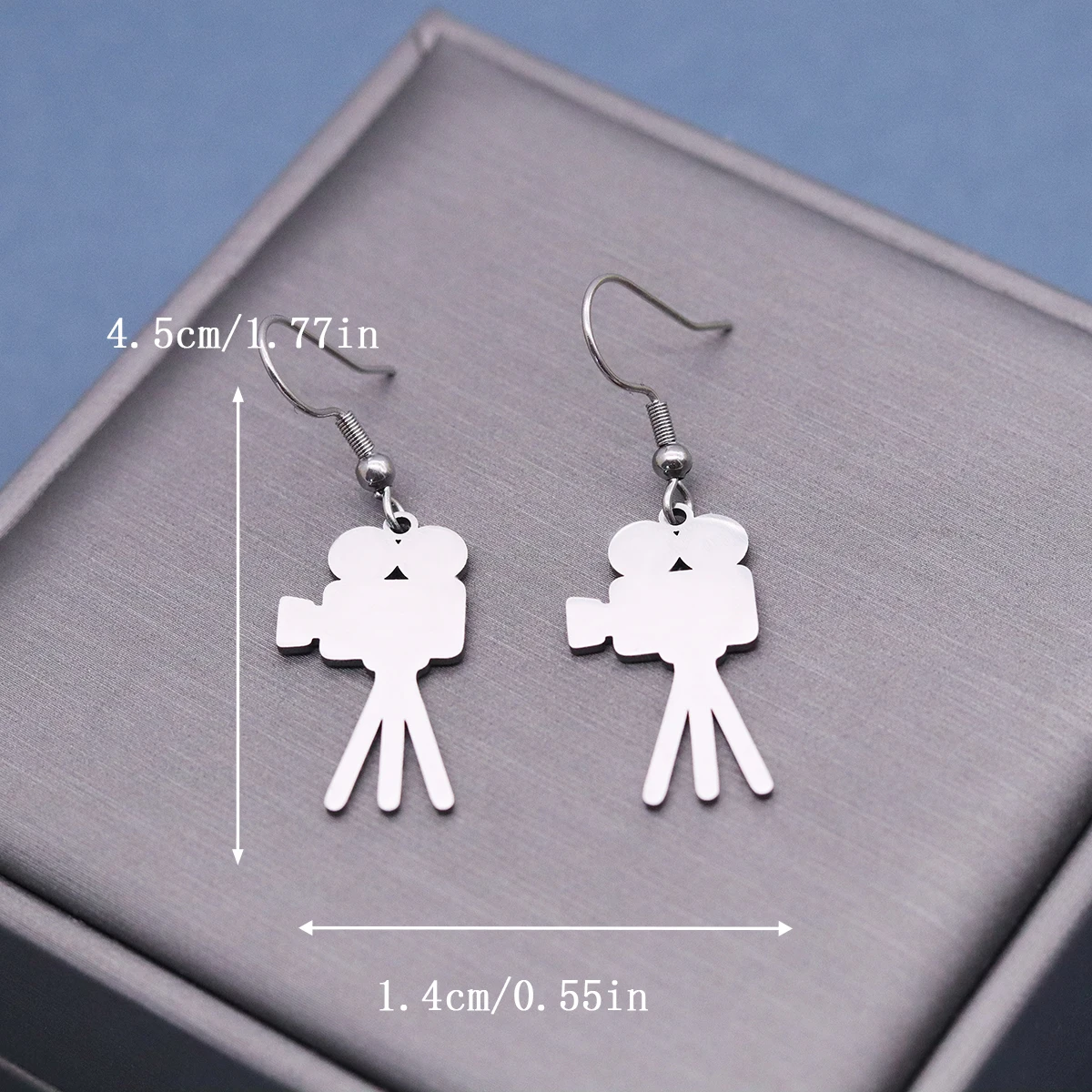 Kinitial Stainless Steel Tripod Video Camera Hook Drop Earrings Movie Film Recorder Cutout Dangles Filmmaker Jewelry Gift