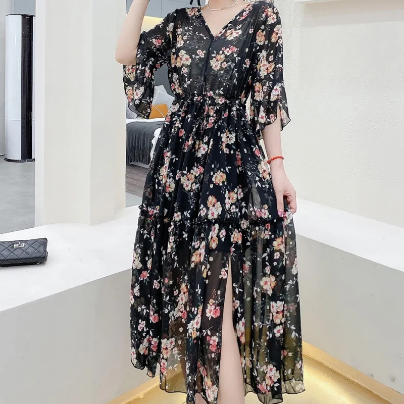 French Style Sashes Floral Printing Half Sleeve V-neck Loose Casual Elegant Dress Women Thin Style Temperament ChiffonSkirts