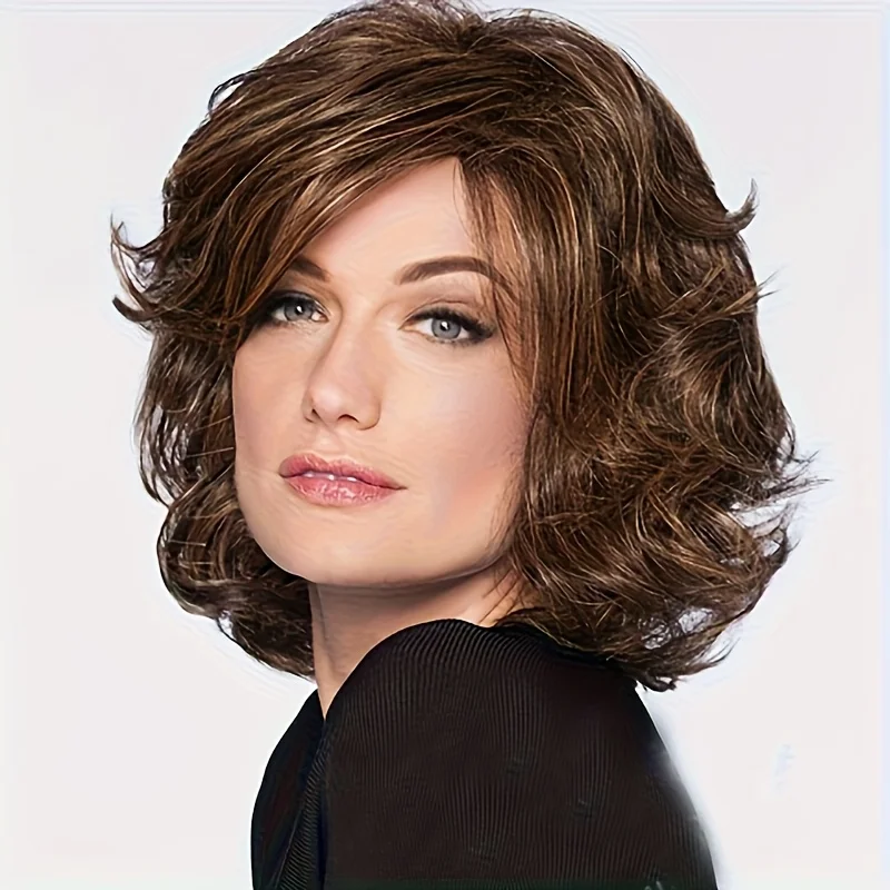 

Элегантный и объемный короткий кудрявый парик для женщин среднего возраста, стильный синтетический парик для дам, темно-коричневый.