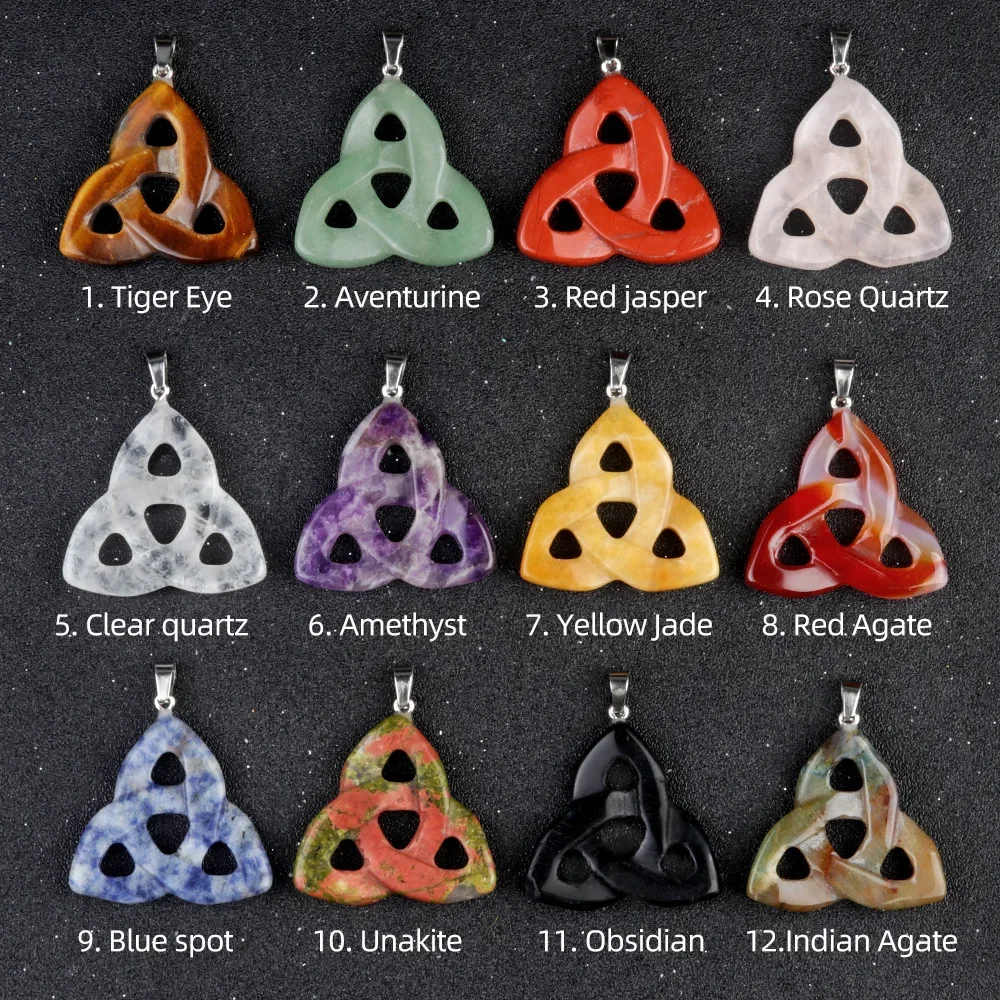 Natural Stone Carved Irish Celtic Knot Good Luck Pendant Reiki Healing Crystals Gemstone Wishing Blessing Charm Jewelry Gifts