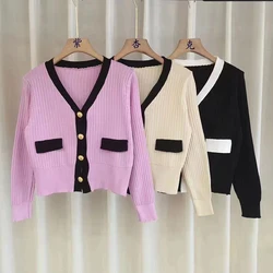 Cardigan coreano maglione lavorato a maglia stile delicato con scollo a V monopetto autunno inverno colori a contrasto