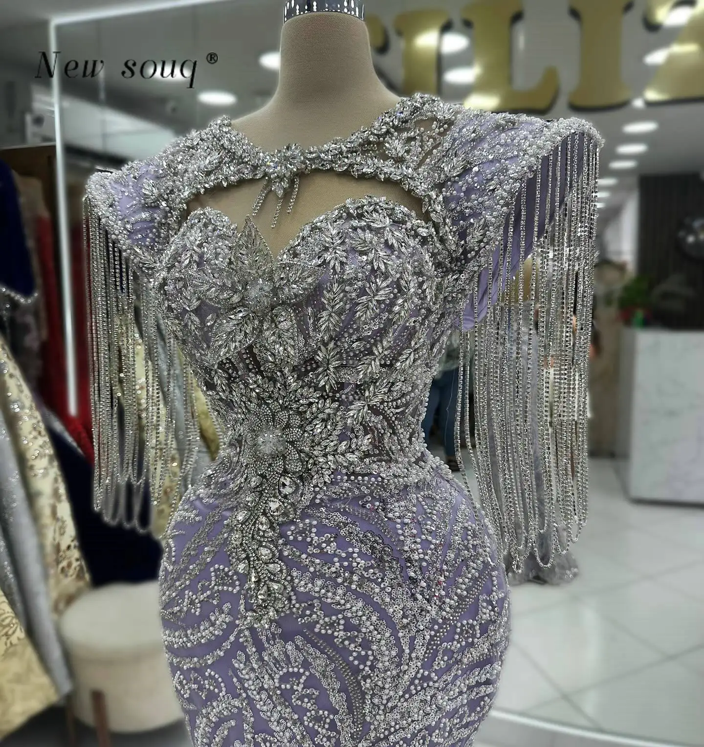 Dubai Arabic Silver Crystals Chains Mermaid Evening Dresses Lilac Long Sequins Party Dress Formal Occasions Night Prom Gowns