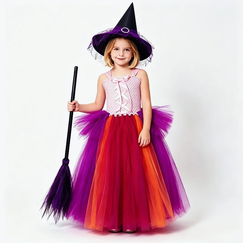 Hocus Pocus Long Costumes for Girls Halloween Witch Full Length Tutu Dress with Broom Cloak Kids Carnival Party Fancy Outfits