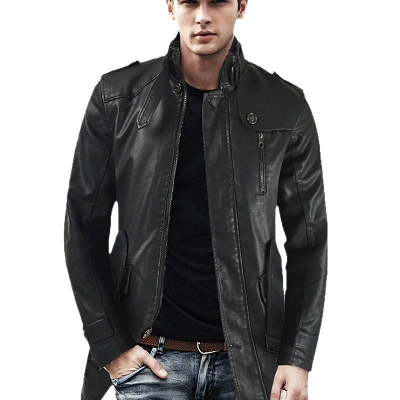 

Men's Winter Mid Long Styles Fleece PU Leather Jacket Casual Business Streetwear Dual Zipper Design Stand Collar Spliced Coats
