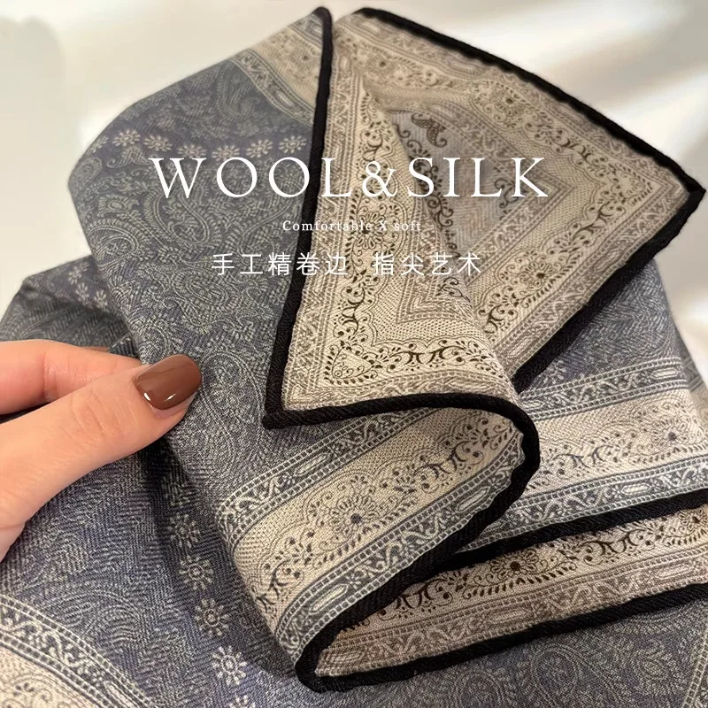 Mulberry Silk Wool 63cm Blended Phantom Cashew Nut Square Scarf Collection Autumn and Winter Retro Versatile Women