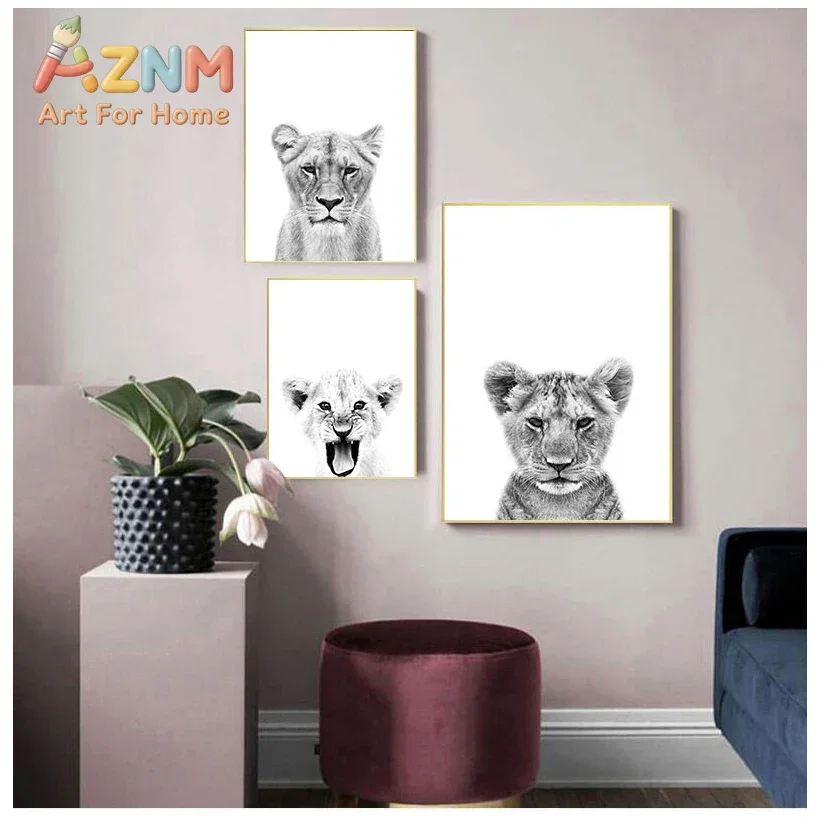 AZNM Black White Lion Family Canvas Poster Lioness Cub Wild Animal Photography Art Print Minimalist Safari Living Room Wall Deco