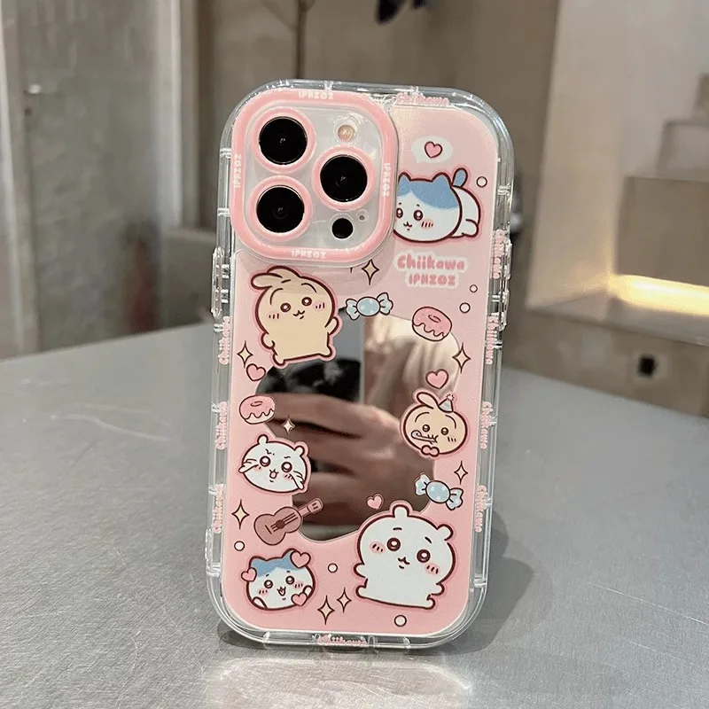 Chiikawa Mirror Case for IPhone 16 15 14 13 Pro Max Case Hand Wrist Strap Soft Cover for Iphone 16promax 15 14 Pro Cover Fundas