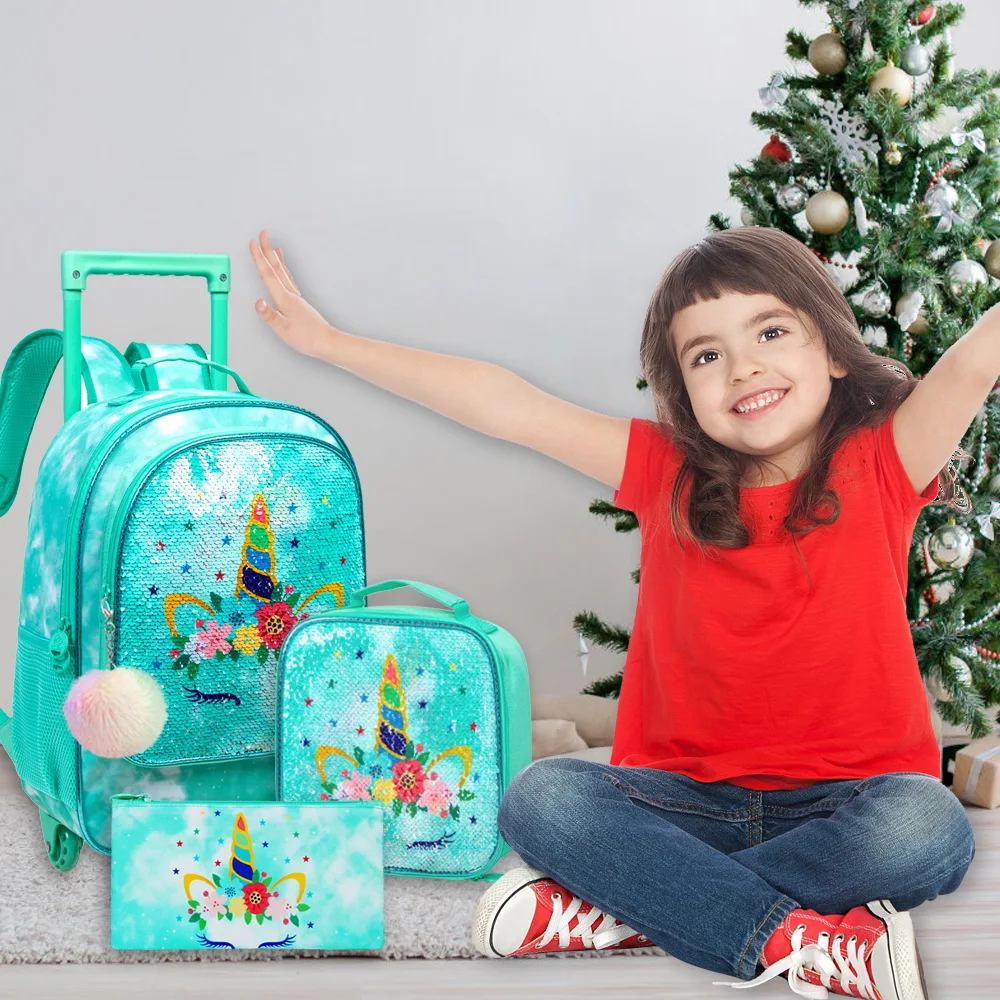 Rolling Backpack for Girls,Kids Unicorn Dinosaur Bookbag with Roller Wheels, Suitcase School Bag Set