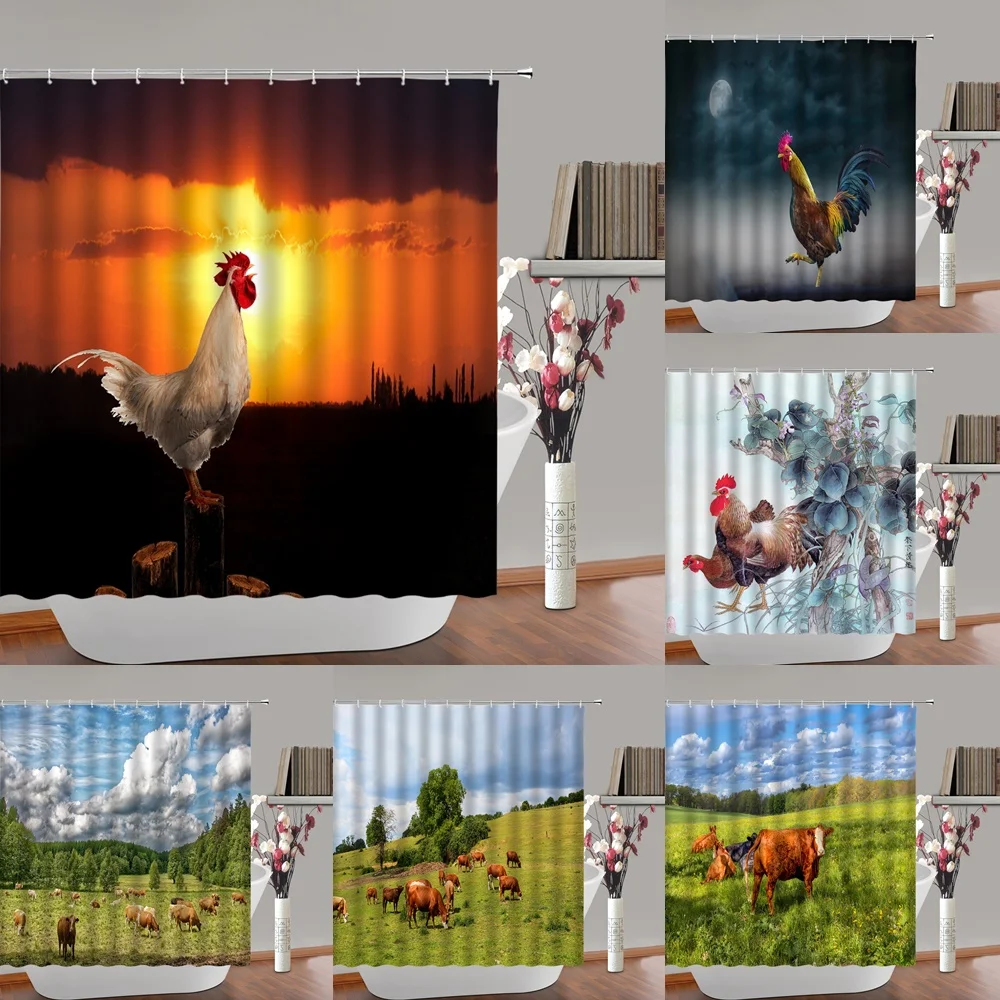 Farmhouse Shower Curtain Chicken Farm Sunrise Rustic Country Animals Cock Cow Grassland Fabric Bath Curtains Bathroom Decor Home