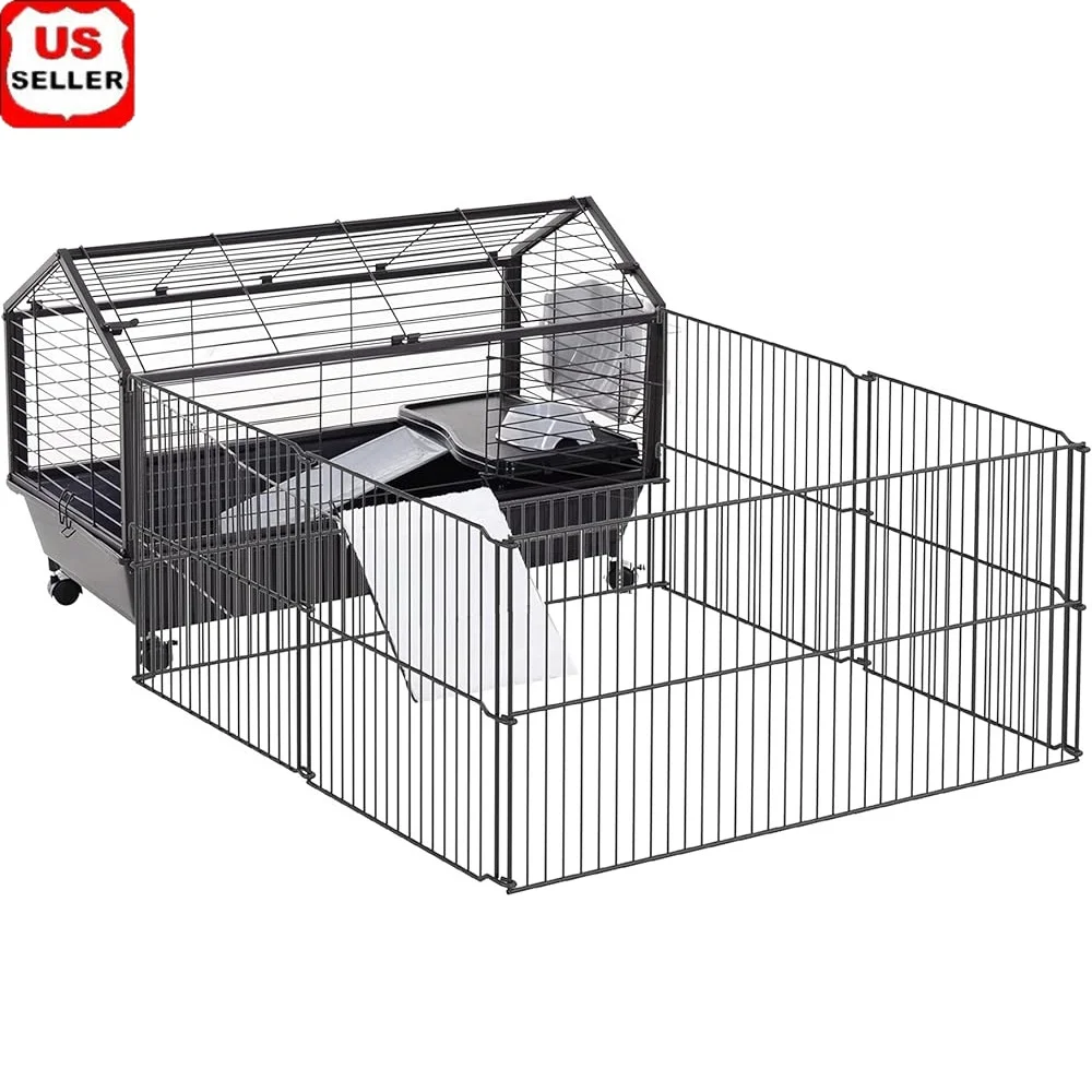 

Foldable Small Animal Cage Rolling Bunny Guinea Pig Hedgehog Enclosure with Water Bottle Food Bowl Ramps Easy Access Play Area