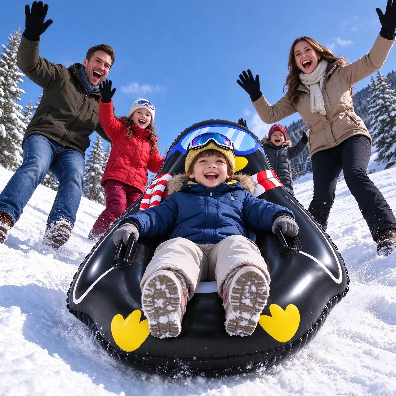 Winter Snow Tube 140x115cm Inflatable Cold-Resistant Animal Shape Toy Snow Sled With Handles For Kids Adults Family Outdoor