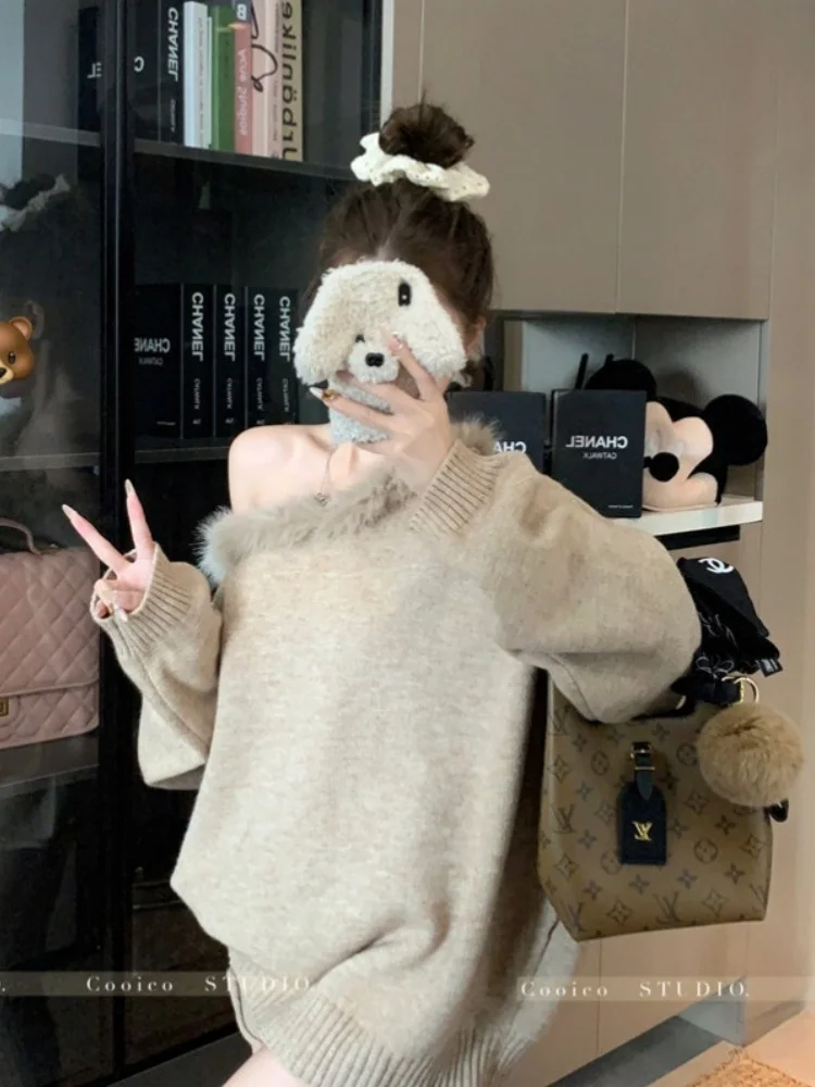 المرأة الحياكة قطعتين مجموعة 2025 الخريف الشتاء سترة مجموعة فو الفراء طوق قبالة الكتف فضفاض مترهل الخطوط الطويلة متماسكة الزي