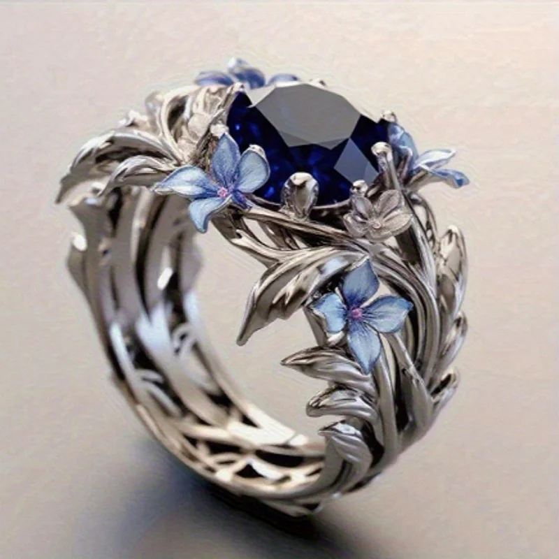 Blue Flower Ring with Sparkling Zirconia for Weddings Engagements Anniversaries Thanksgiving New Year'S Day Jewelry Gifts