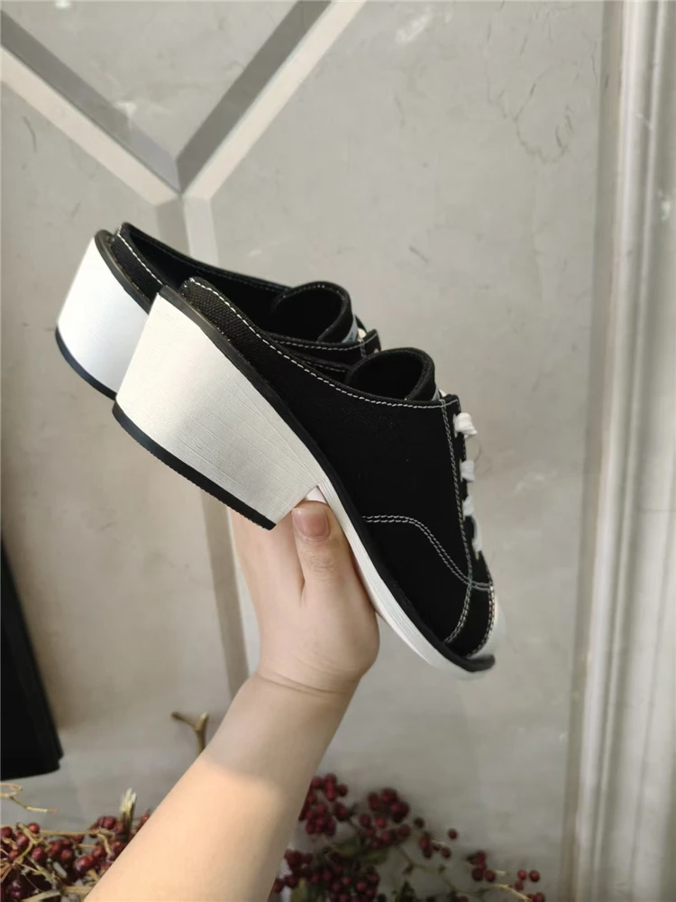 Spring and summer pointed toe lace-up canvas square-heel flat casual slippers daily pullover large size low-heeled women's shoes