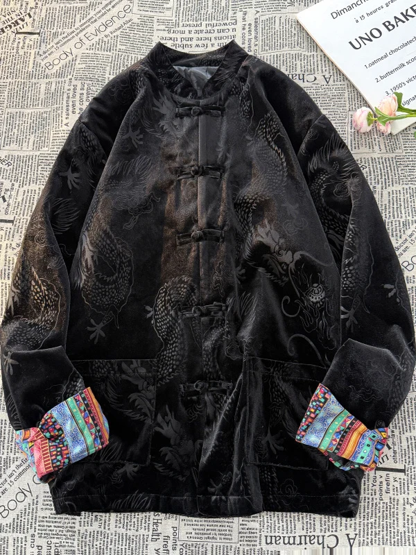 

New Chinese Sle Loose Fit Velvet Tea Coat with Dragon Pattern Embroidery Ethnic Trendy Brand Gold Silk Velvet Zen Clothing