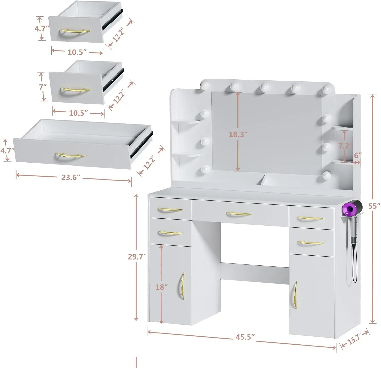 Make up Vanity Desk com espelho e luzes, 3 modelos Configurações, Power Outlet