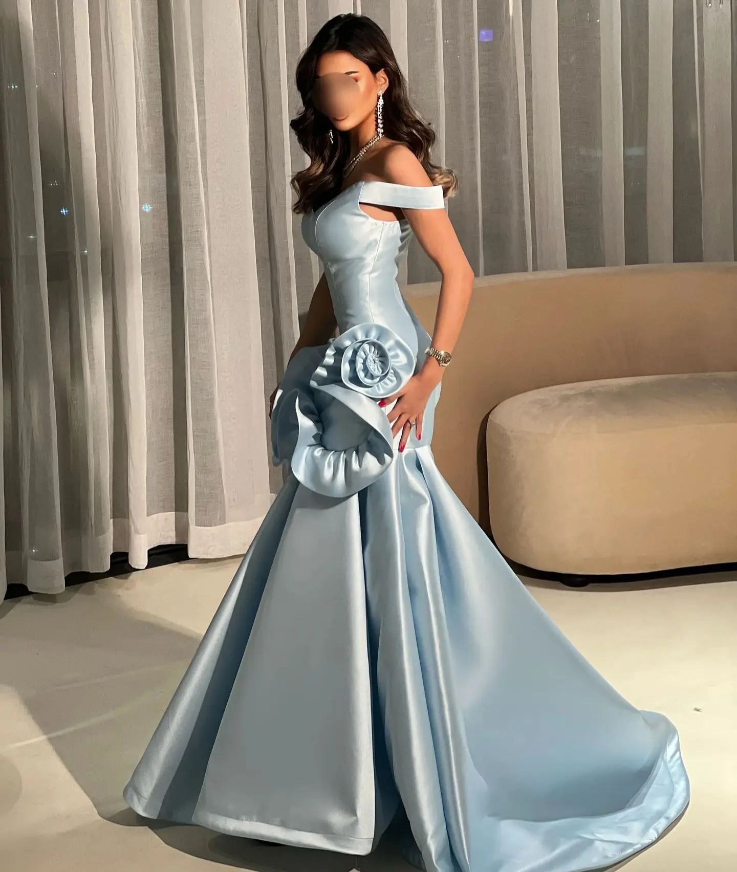 Blue Flower Strapless Evening Dresses V-Neck Prom Dresses Floor-Length Saudi Arabia Wedding Party Grace Women 2026 customized
