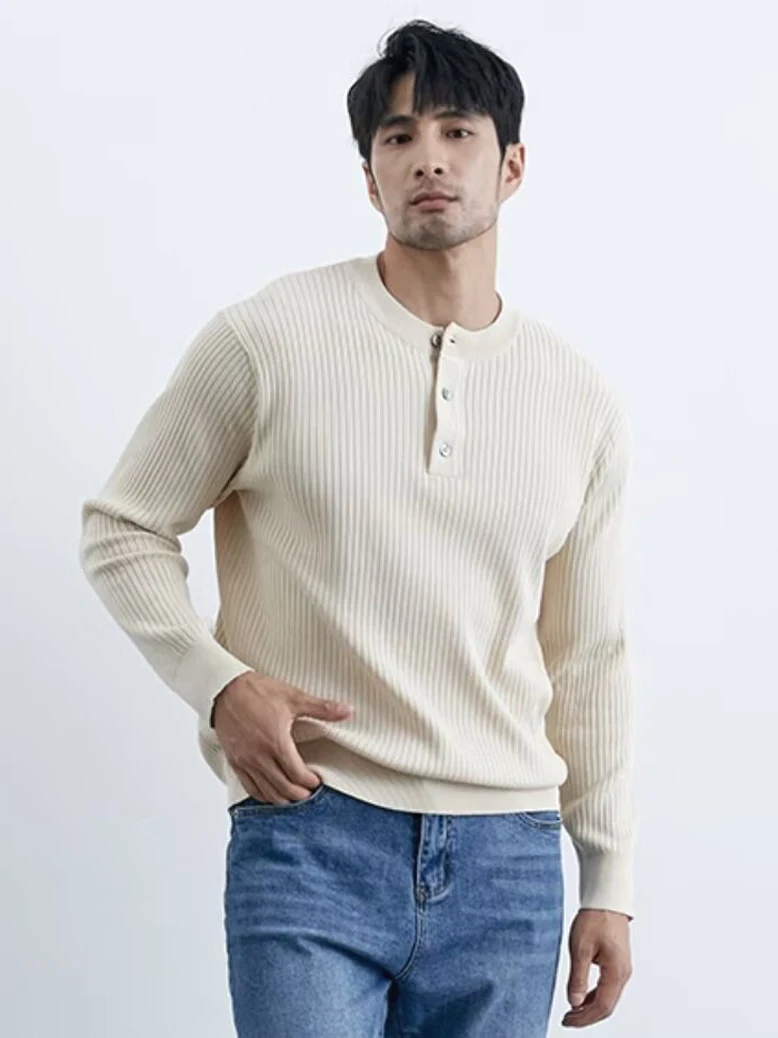 

Long Sve Knitted Woolen Henry Sweatirt Men's Texture Stripe Workwear Button up Crew Ne Soft Comfortable Winter Top