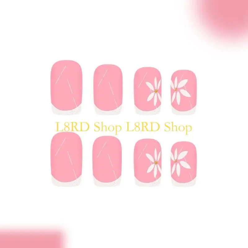 L8RD スクエアプレスオンネイル フレンチチップ フェイクネイル フルカバー フラワーデザイングリッター付きフェイクネイル 人工アクリルネイル