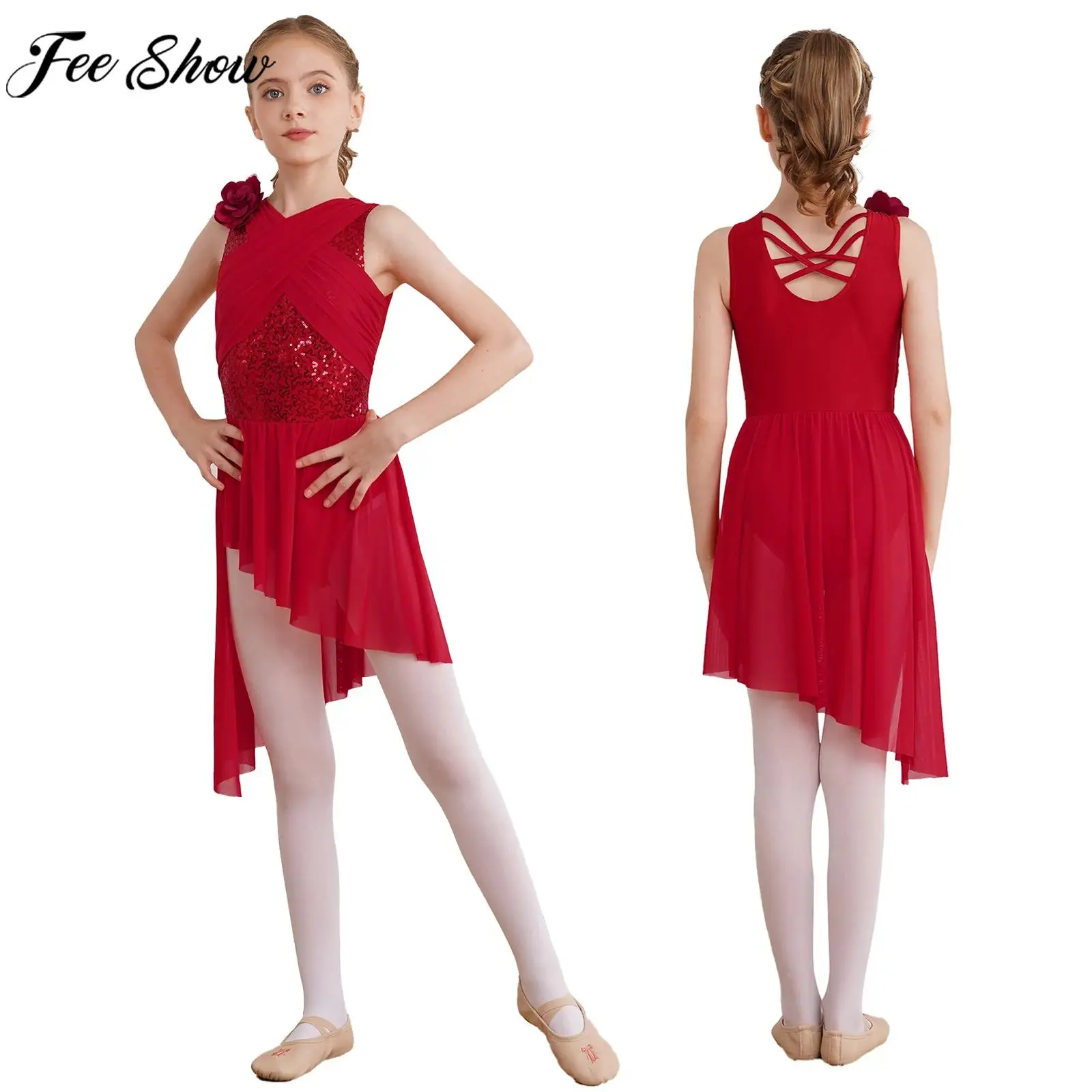 

Teen Girls Sequin Lyrical Dance Dress Ballet Gymnastics Figure Skating Ballroom Latin Cha-Cha Waltz Leotard Tutu for Party Stage