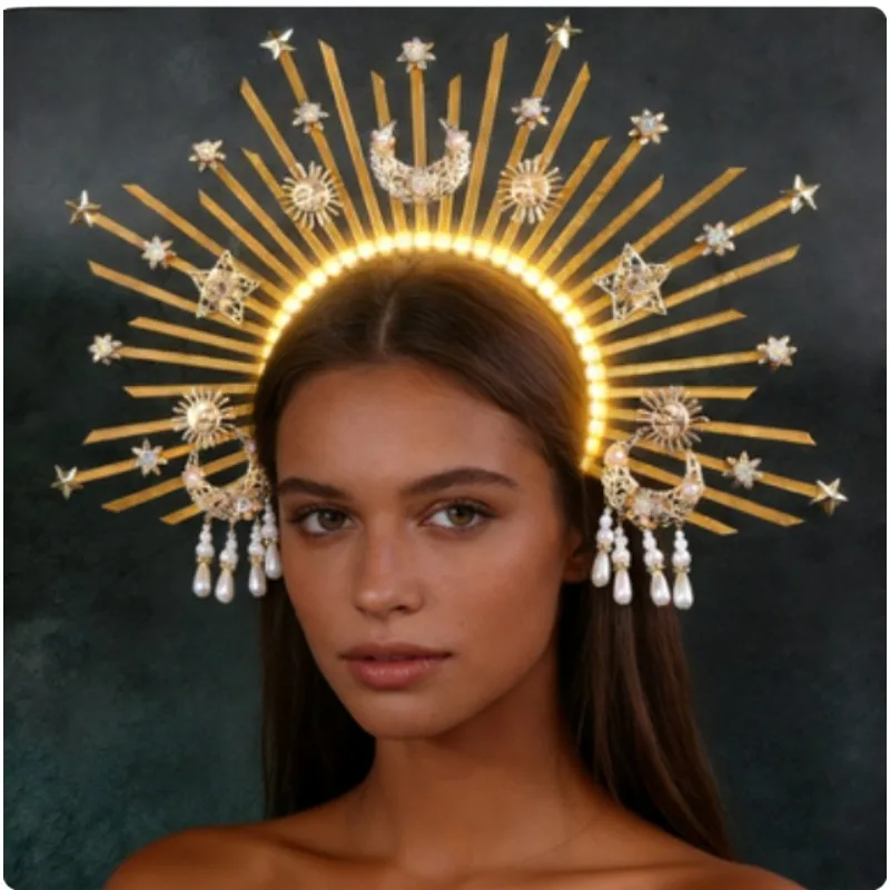 Sunburst Spike Goddess Crown - LED Light Up Halo Headpiece with Gold Star & Tassels for Greek Angel Queen Wedding Festival