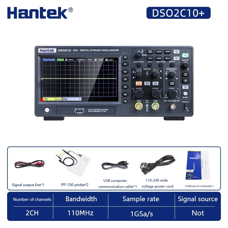 Hantek Bandwidth 110MHz Dual Channel Oscilloscope, 1GSa/s Sampling Rate, DSO2C10+ Oscilloscope