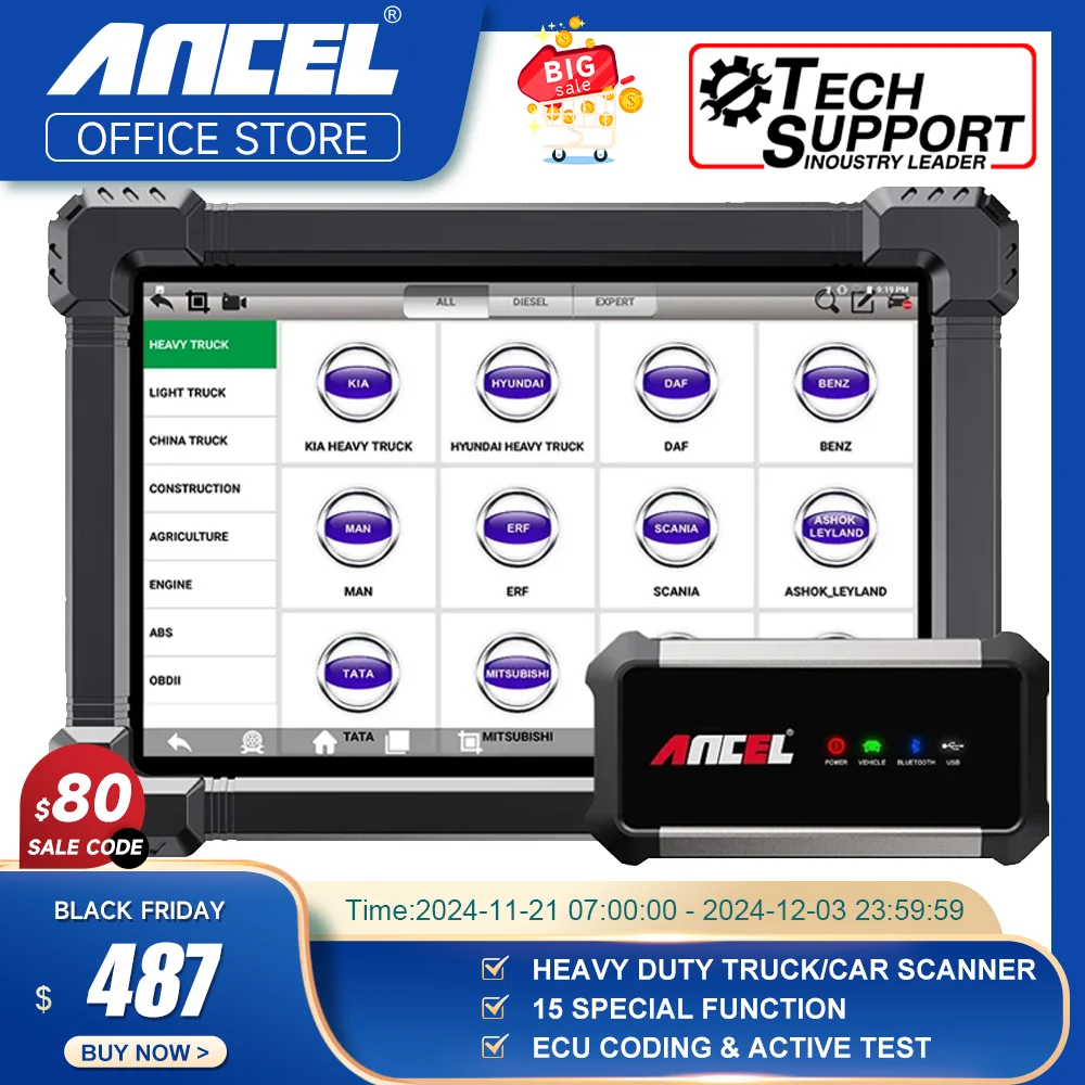 ANCEL X7 HD Heavy Duty Truck Diagnostic Tool Bluetooth OBD2 All System Oil D-P-F Regen ECU Reset 12V 24V Diesel Truck Scanner