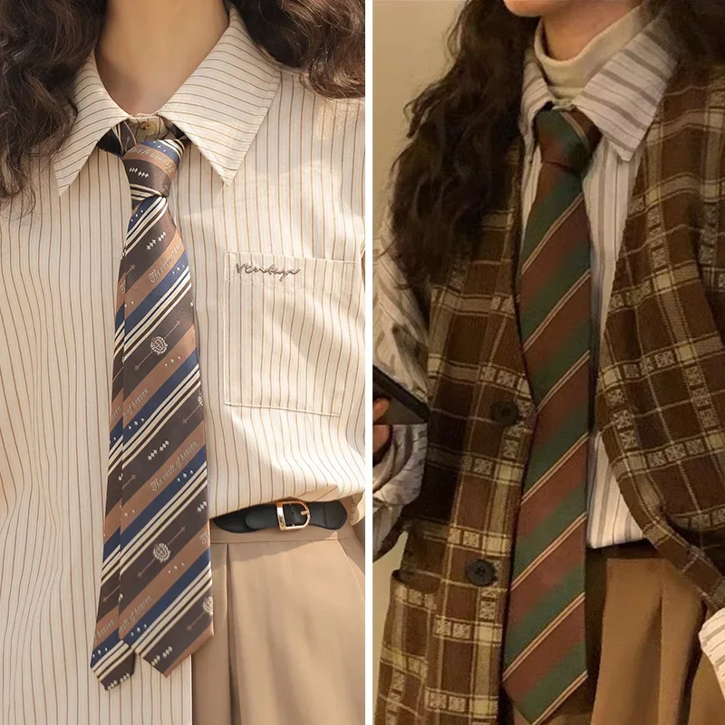 JK Polyester Women Men Ties Striped Navy Red Coffee College Neckties Uniform Girls Neckwear Cravate Trendy Accessories