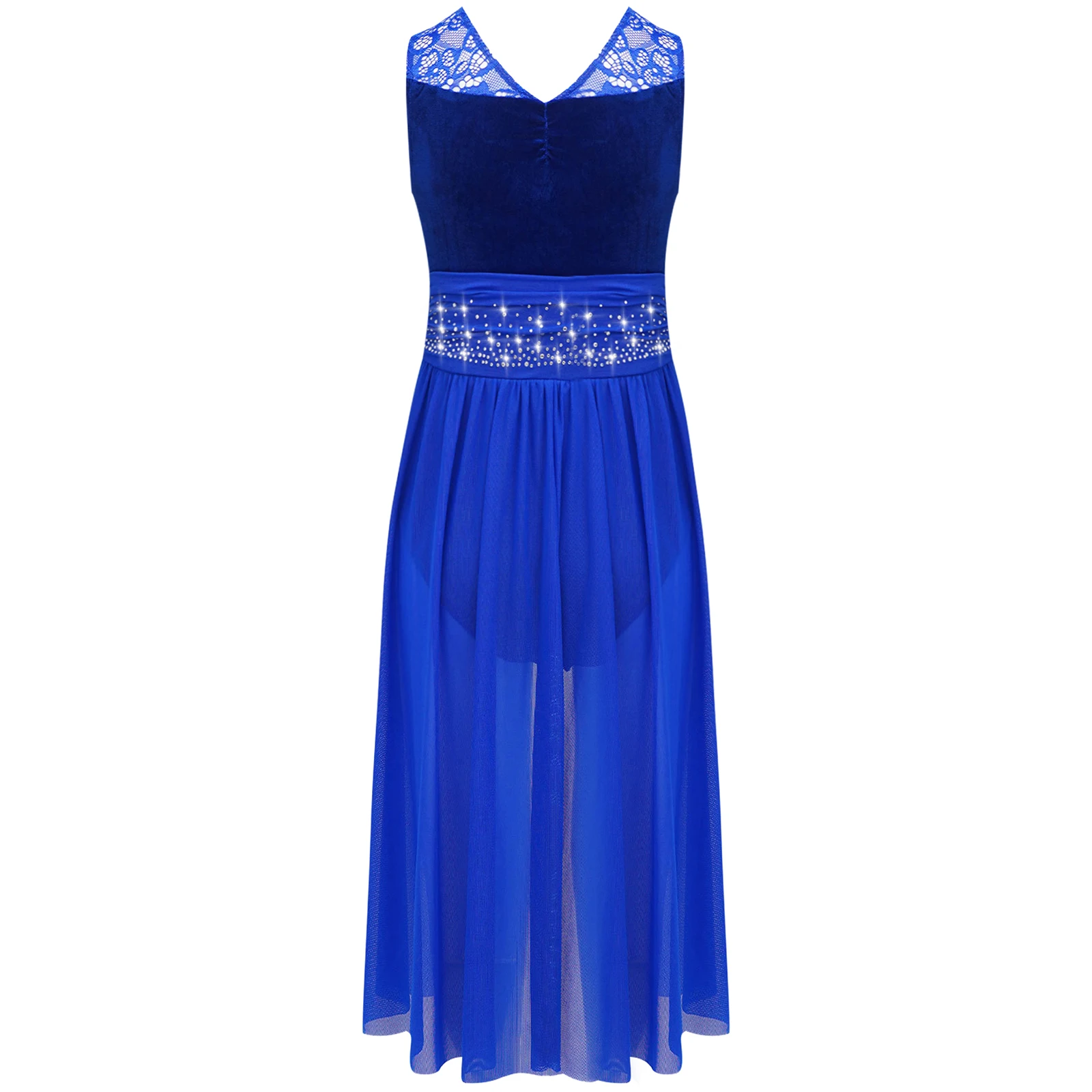 Kids Girls Modern Lyrical Dance Dress Sparkly Rhinestones Lace Patchwork Ruched Mesh Asymmetrical Hem Leotard Dress Dancewear #4