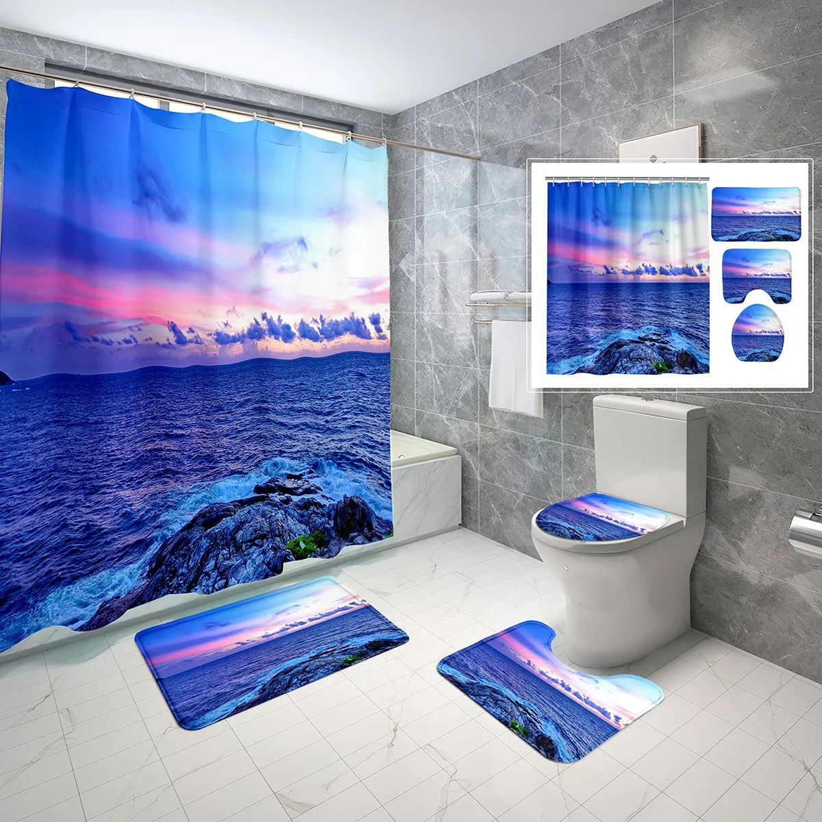 4 Pcs Ocean Sky Shower Curtain Sets Seaside Sunrise Waves Clouds Non-Slip Bath Mat Toilet Cover Waterproof Shower Curtain Set
