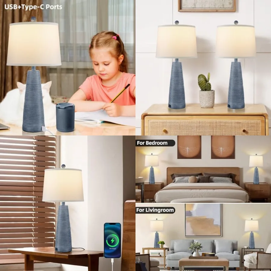 

Nightstand Lamp Bedside Lamps Set of 2 Vtage Rustic Farmhouse Table Lamp 3 Way Dimmable Horizontal Stripe Light, Suitable for L