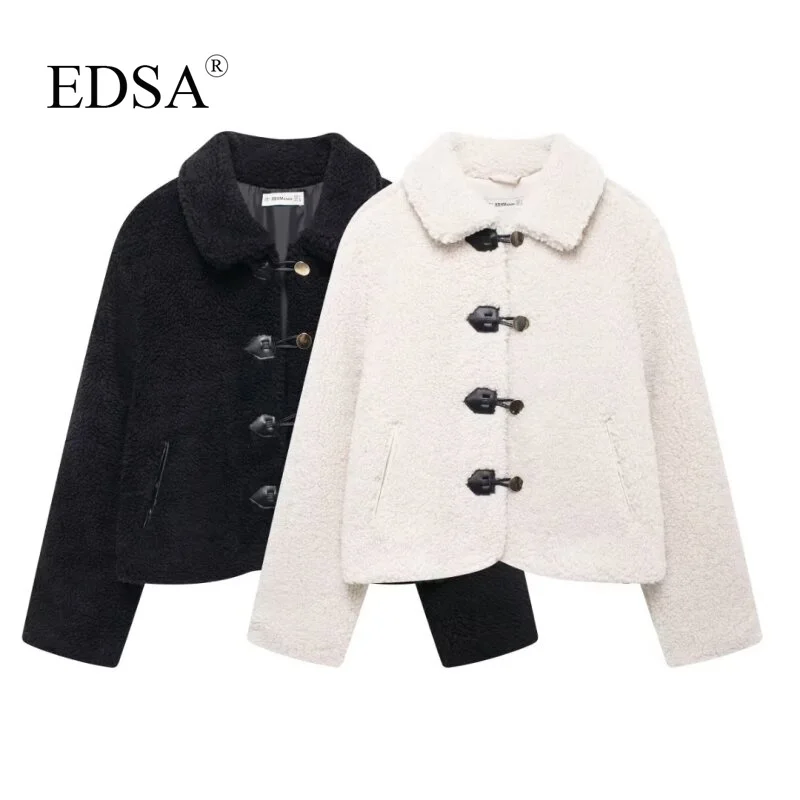 EDSA Women Faux Shearling Jacket with Front Toggle Fasteners Long Sleeves for Autumn Winter Warm Coat Female Outerwear