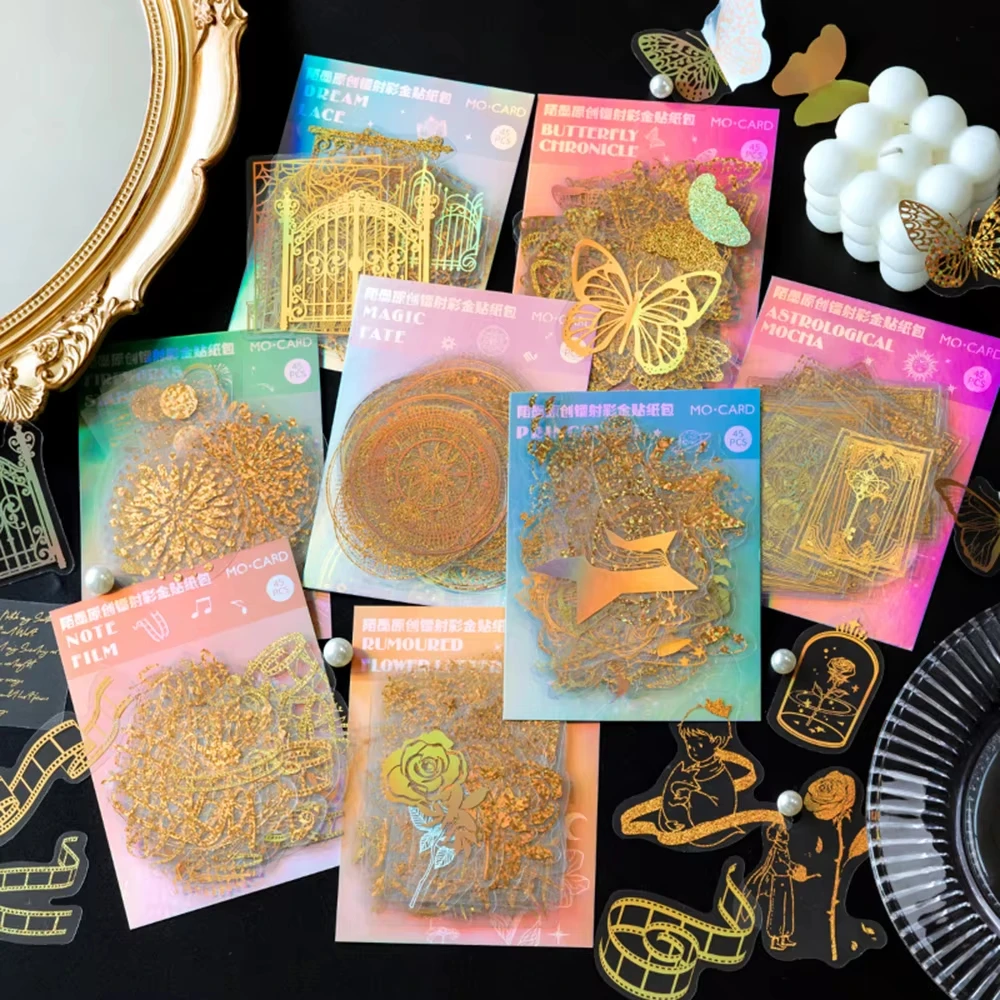 45PCS Holographic Laser Gold Cartoon Graffiti Stickers Butterfly Astrology DIY Toys for Scrapbook Travel Bag Aesthetic Decals
