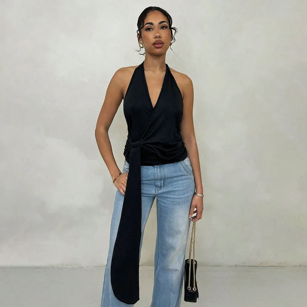 Elegant Backless Strapless Top Sexy Style Women's T-shirt Cross-Border Summer New Fashionable Neck Hanging Back Exposure