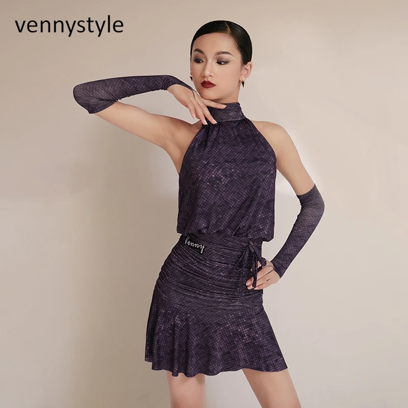 Venny Girls Latin Dance Costume Dancewear Prom Performance Clothes Off-Shoulder Bodysuit Skirt Dress Set