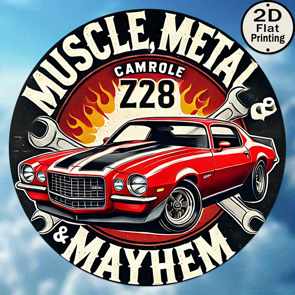 1pc Vintage Muscle Car Metal Wall Decor - 8X8Inch Round Vintage Classic Car Aluminum Sign, Durable for Indoor/Outdoor Use