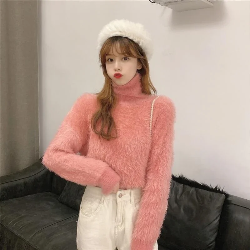 Autumn Winter 2024 Mink Cashmere Sweater Women Basic Knitted Pullover Elegant Soft Ladies Clothes Loose Casual F181