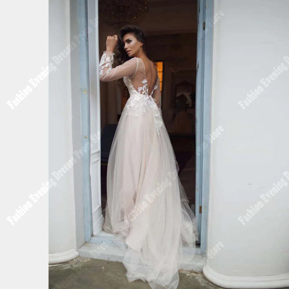 Elegant White Women Wedding Dresses Long Sleeves Lace Applique A-Line Bridal Gowns Custom Made Classical Button Vestido De Noiva