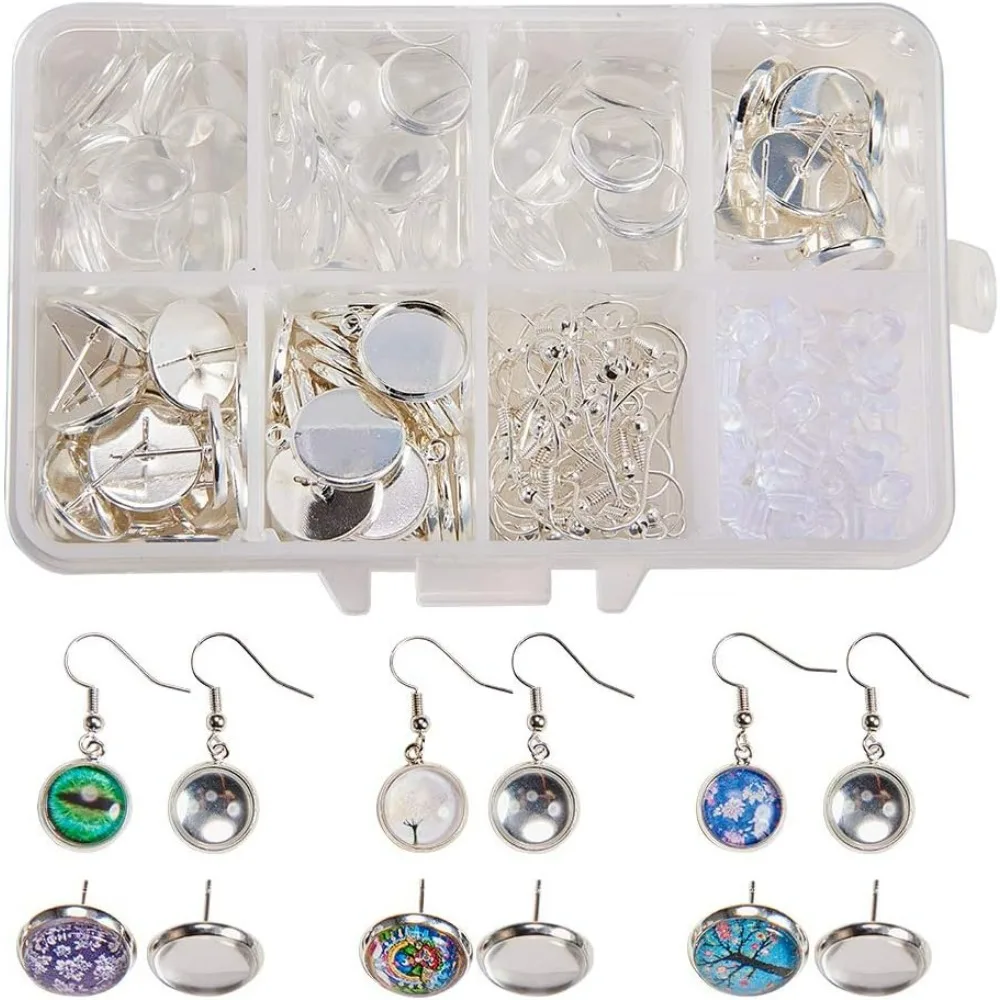 1 Box DIY 30 Pairs Cabochon Pendant Stud Earrings Making Kit 60pcs Earring Bezel Settings with 60pcs 12mm Clear Glass Cabochons