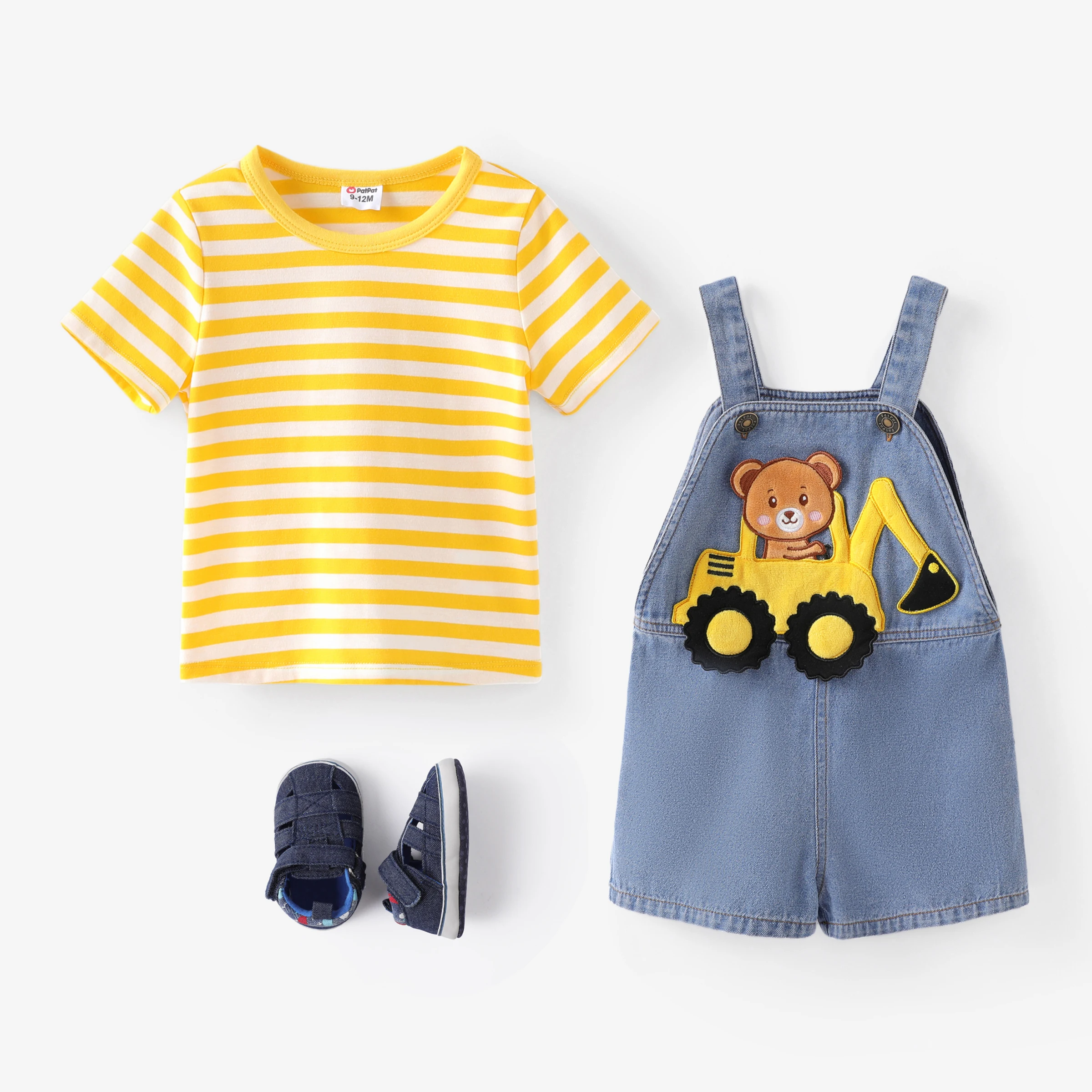 PatPat Baby Boy 2pcs Striped Tee and Bear Vehicle Embroidery Denim Overalls Set