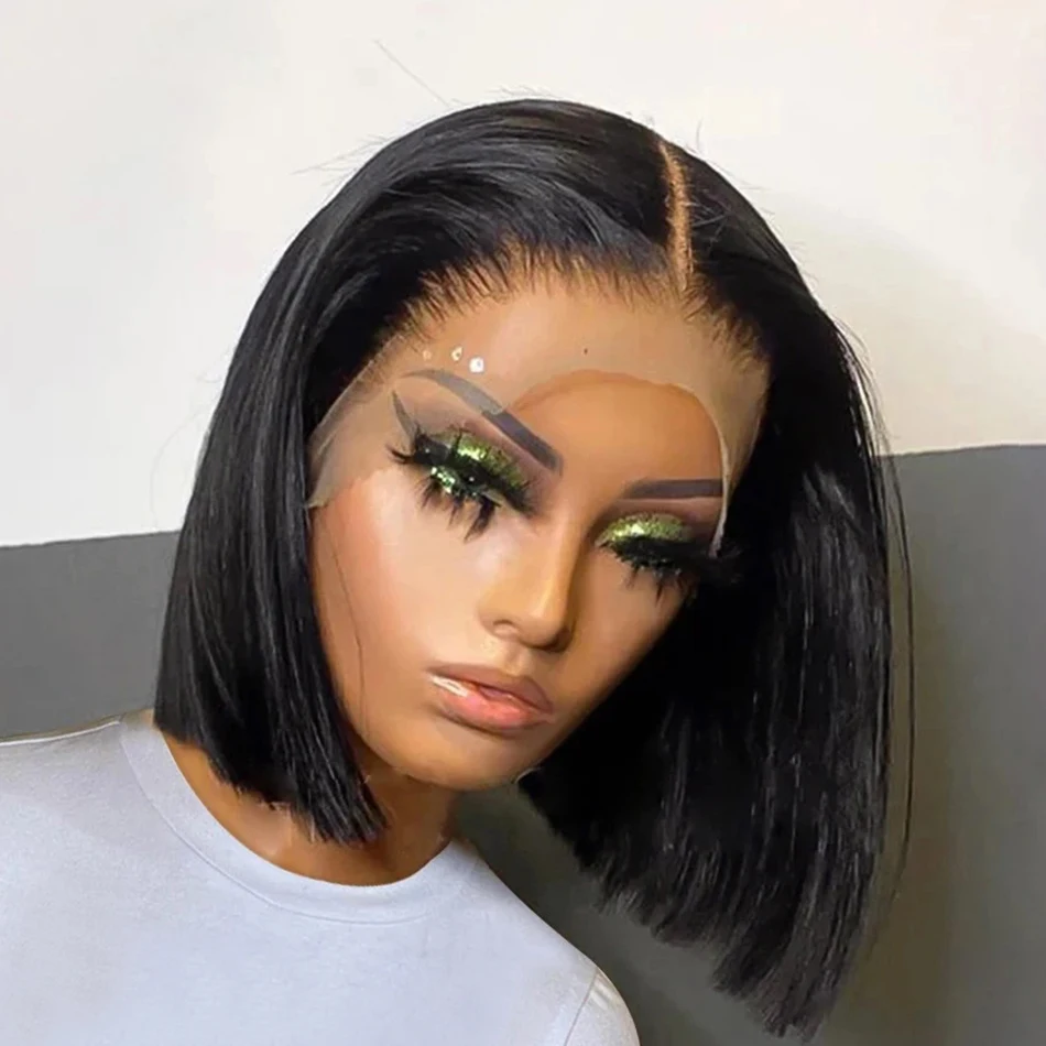 

13x4 Bone Straight Short Bob Wig Lace Front Wigs 4x4 Transparent Lace Frontal Wig 100% Human Hair 200% Density For Women 14 Inch
