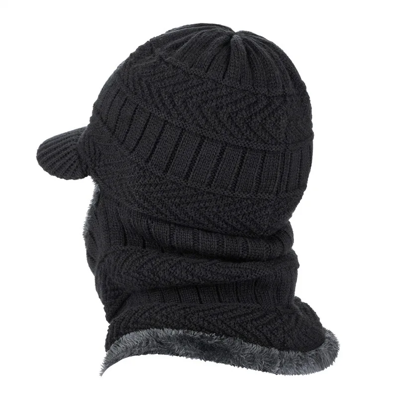 3-in-1 Winter Hats for Men Solid Color Thick Plush Skullies Beanie Cap Neckerchief One-pieces Caps Veil Wool Bonnet Knitted Hat