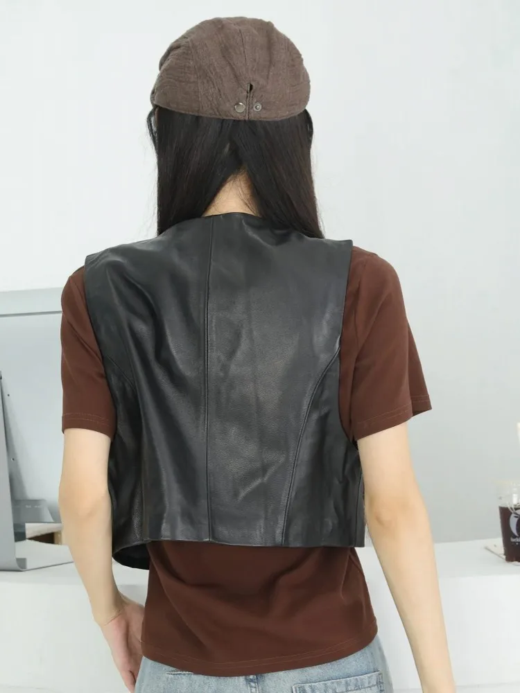 V Neck Womens Short Genuine Leather Vest Ladies Slim Black Sheepskin Waistcoat Spring Autumn Buckleless Sweet Sleeveless Jacket