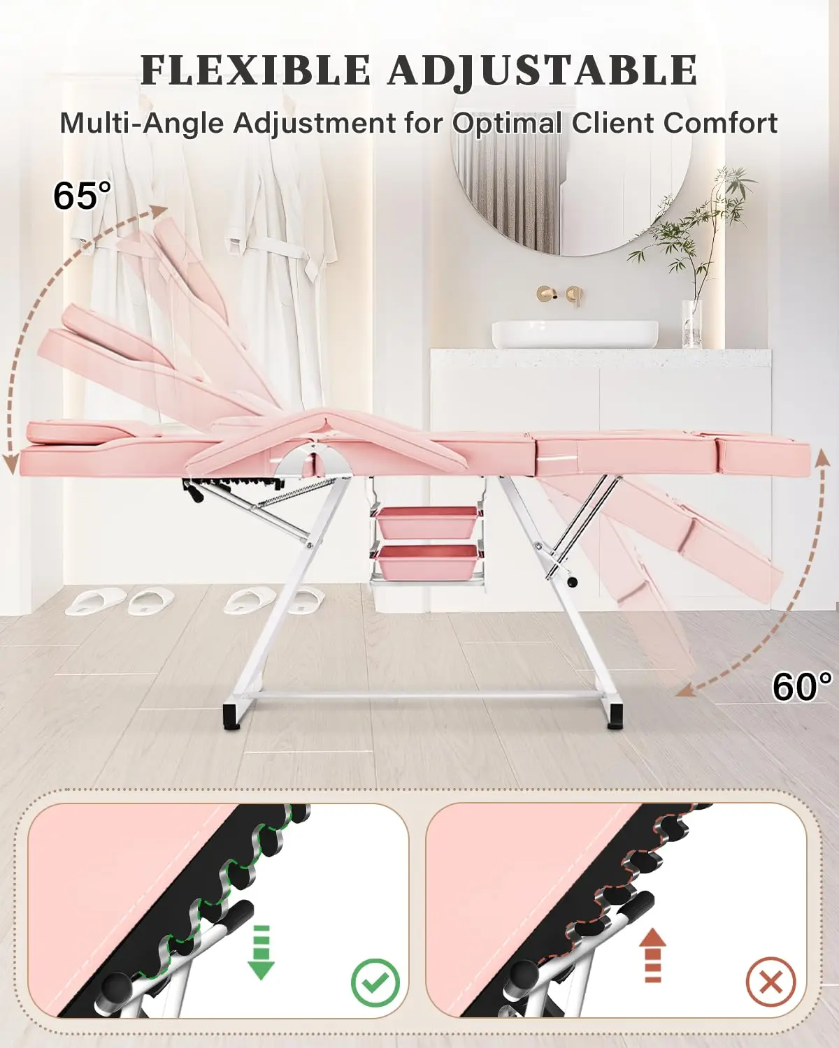 Pink Tattoo Artist Chair, Facial Bed for Client Split Leg Professional